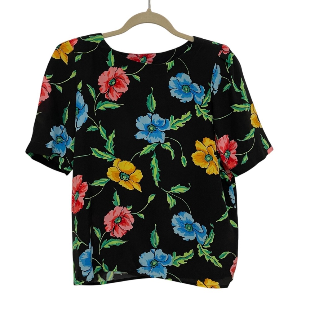 Vintage 100% Silk Top Womens Size 8 Black Floral‎ 90s Dark Fairy Dark Academia
